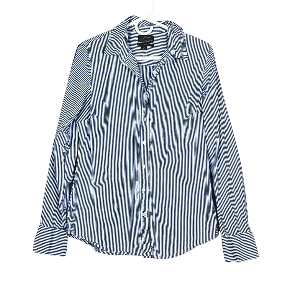 J.Crew Top Striped Button Shirt Womens 10 Slim Fit Organic Cotton Blue White